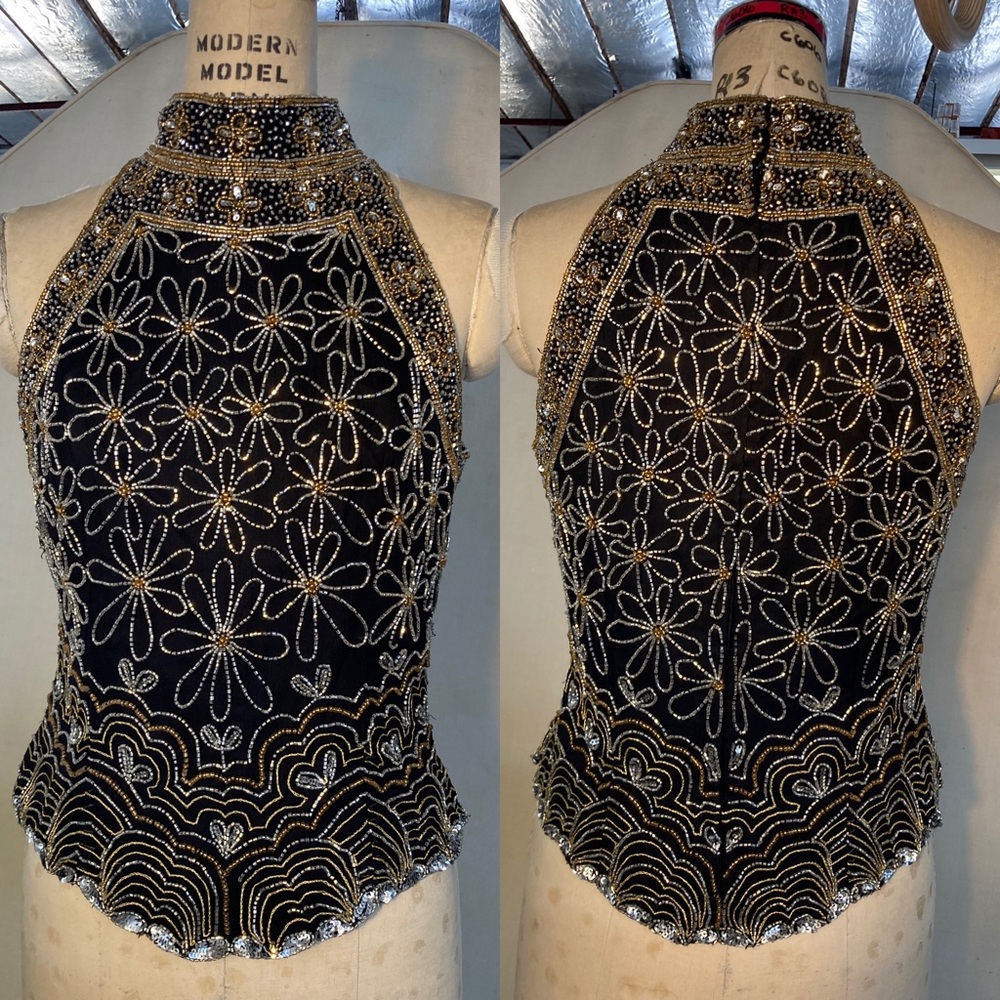 Papell Boutique vintage Silk Gorgeous beaded high-neck sleeveless top Medium